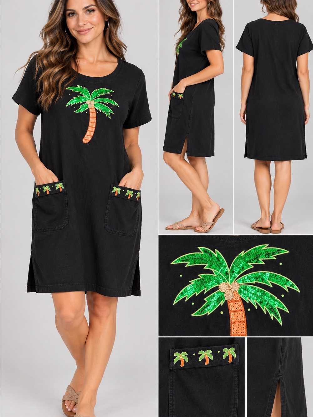 Vintage Tia Dress Black Palm Tree Sequin Cotton Medium